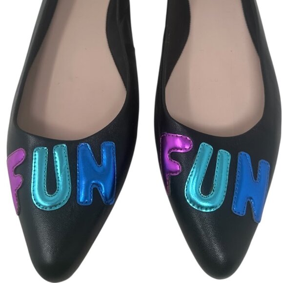 New Kate Spade Elliot “FUN” Printed Black Leather Pointed Toe Flats Size 11 - Picture 2 of 13